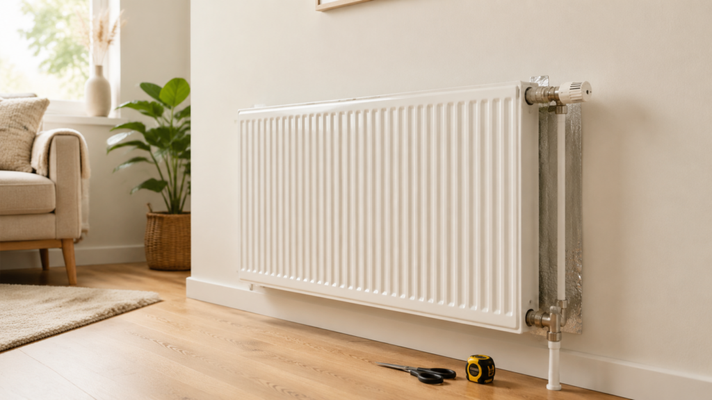 Radiatorfolie aanbrengen: zo doe je dat radiatorfolie achter een witte radiator in een woonkamer