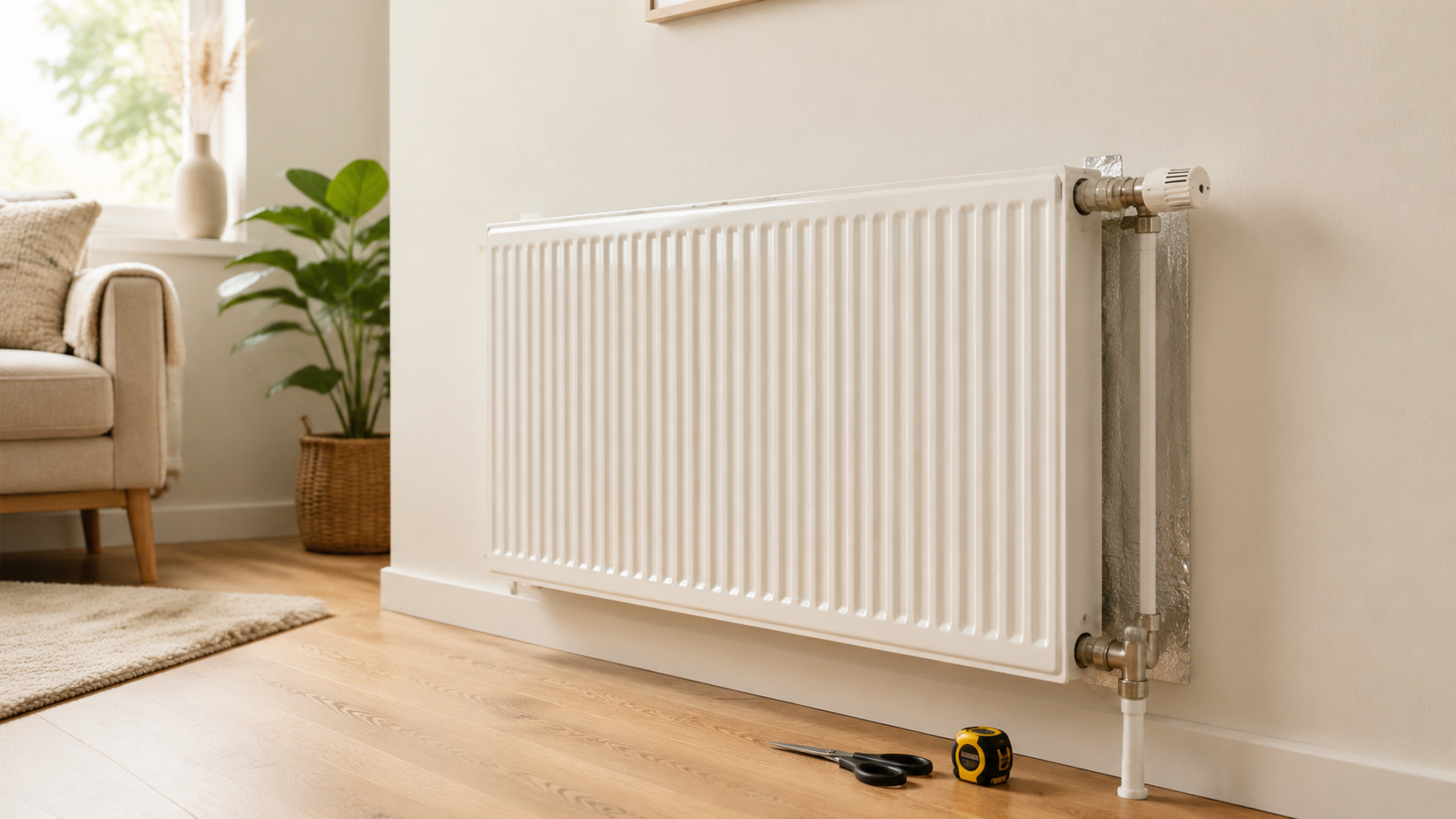Radiatorfolie aanbrengen: zo doe je dat radiatorfolie achter een witte radiator in een woonkamer