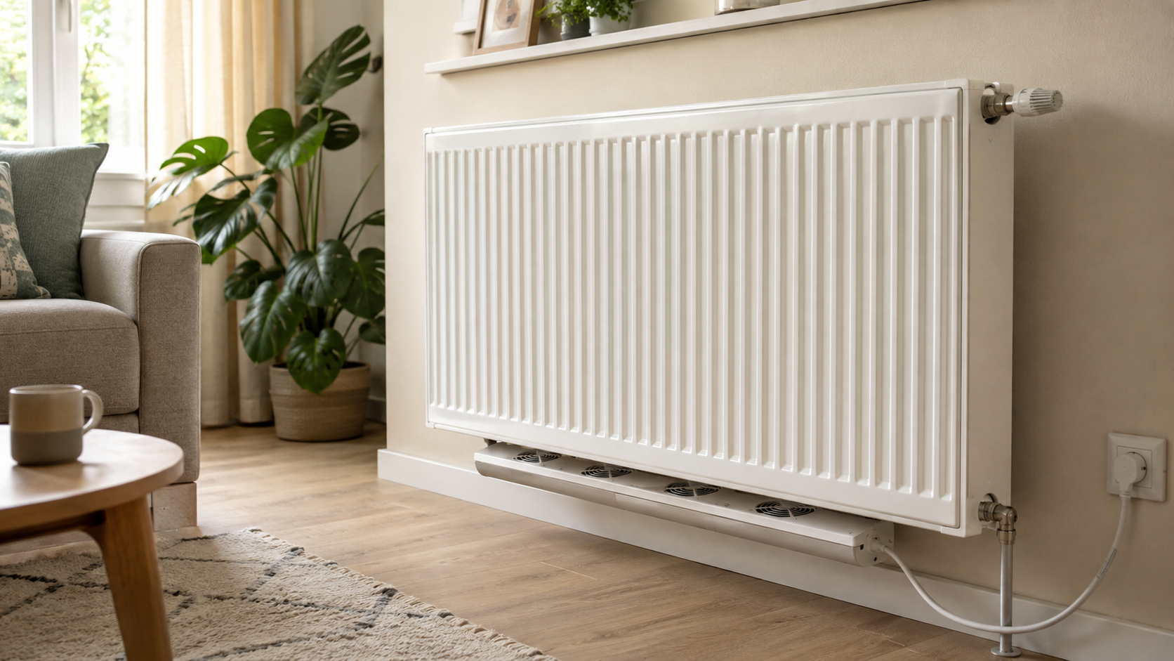 Heeft een radiatorventilator zin? radiatorventilator onder een witte radiator in een woonkamer