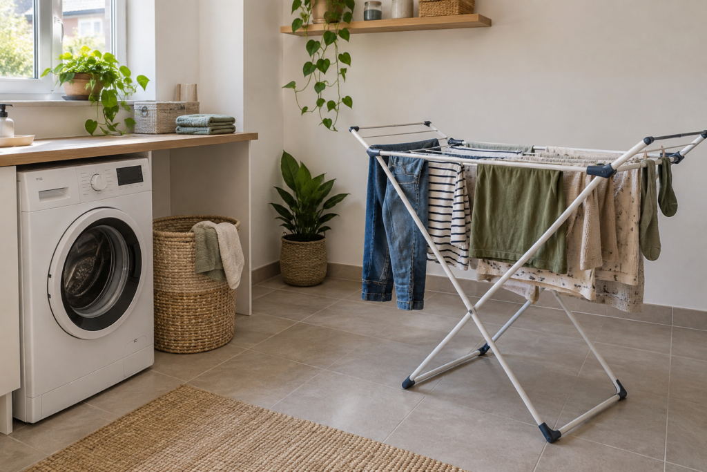 Energie besparen bij wassen en drogen: 12 praktische tips Vol wasrek naast een wasmachine in een lichte, praktisch ingerichte wasruimte