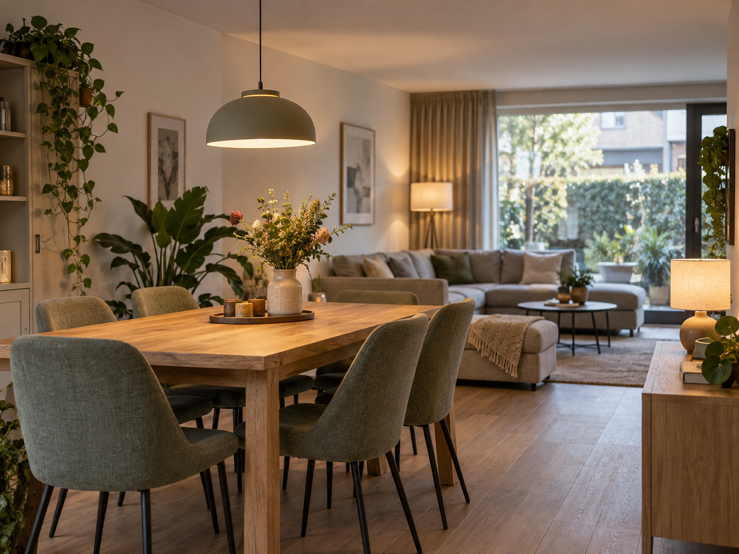 Hoeveel lumen heb je nodig per ruimte? Woonkamer en eethoek met verschillende lampen voor de juiste hoeveelheid lumen