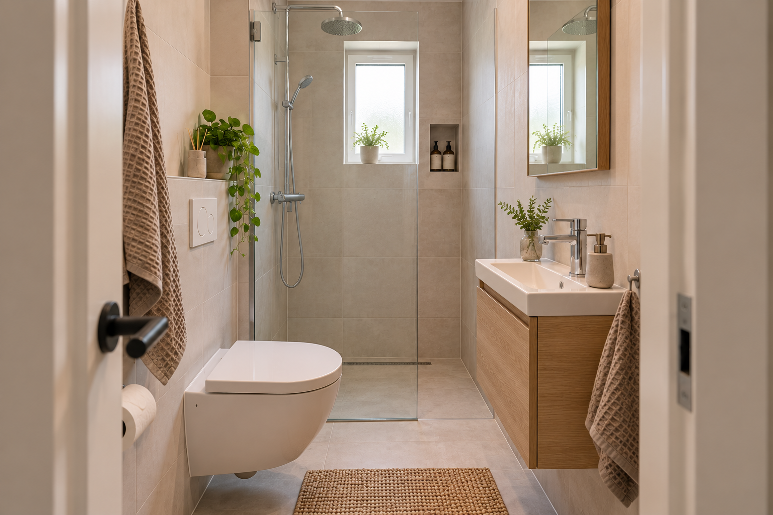 Kleine badkamer inrichten: 10 slimme tips voor meer ruimte Kleine badkamer met zwevend wastafelmeubel en glazen douchewand