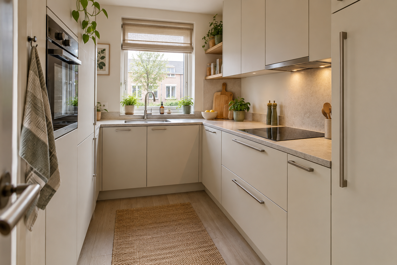 Kleine keuken inrichten: 10 slimme tips voor meer ruimte Kleine keuken slim ingericht met hoge kasten en extra opbergruimte