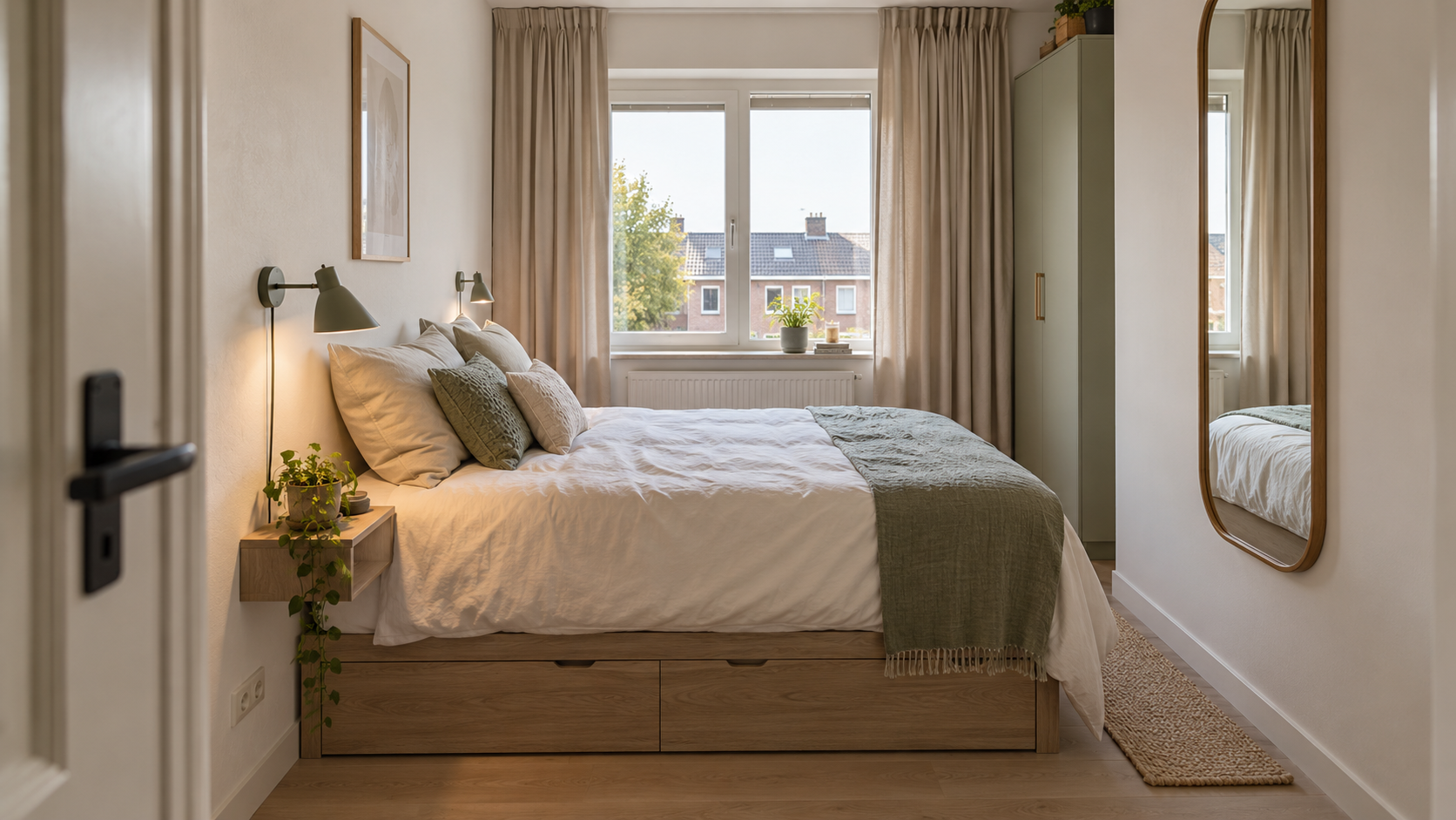 Kleine slaapkamer inrichten: 10 slimme tips voor meer ruimte Kleine slaapkamer met opberglades onder het bed en een rustige lichte inrichting