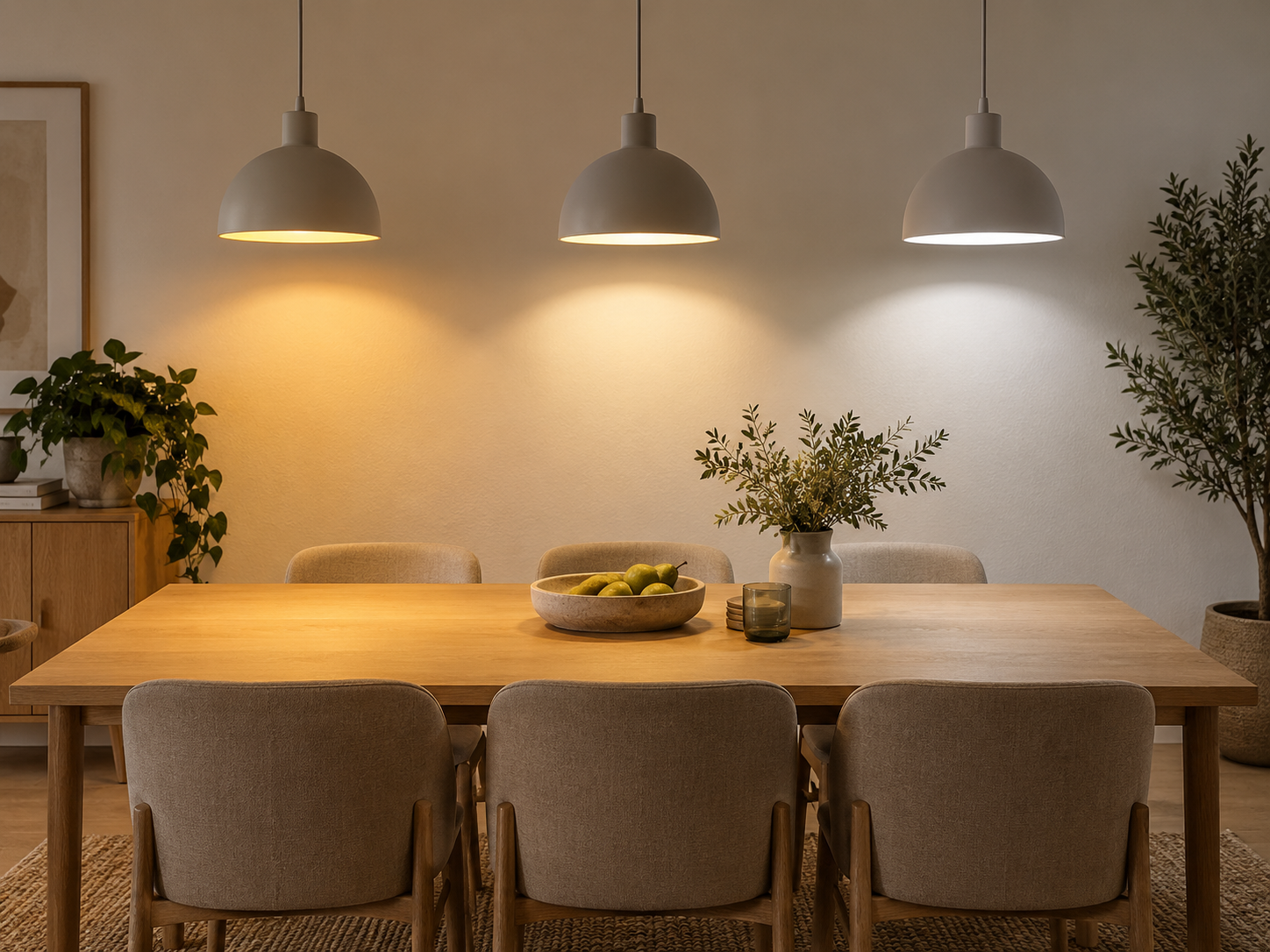Welke lichtkleur kiezen: 2700K, 3000K of 4000K? Drie hanglampen met lichtkleuren van 2700K, 3000K en 4000K