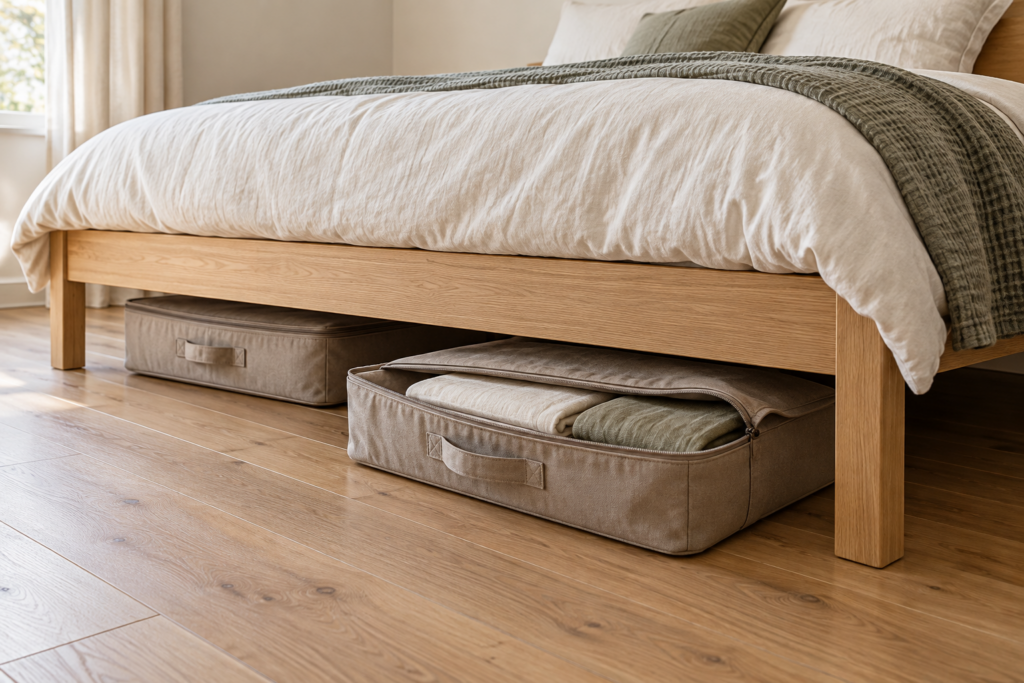 Opbergen onder bed: welke opbergbox past? Twee lage stoffen opbergers onder een houten bed, waarvan één deels uitgeschoven is met opgevouwen beddengoed