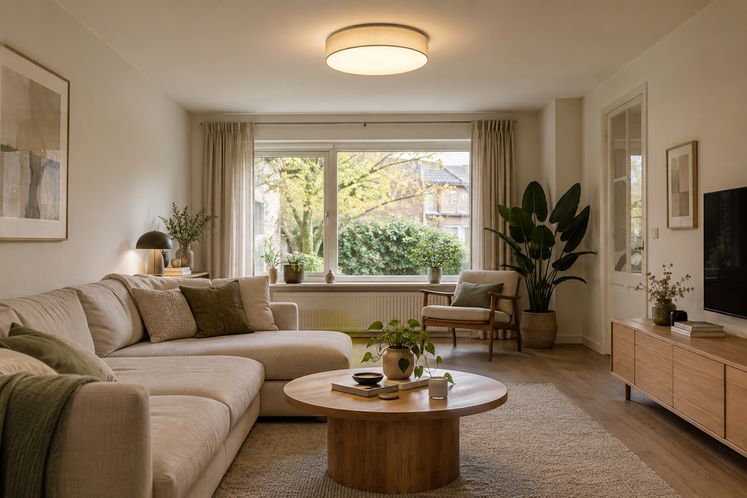 Plafondlamp kiezen: formaat, lichtsterkte en plaatsing per ruimte Moderne plafondlamp in een sfeervolle woonkamer