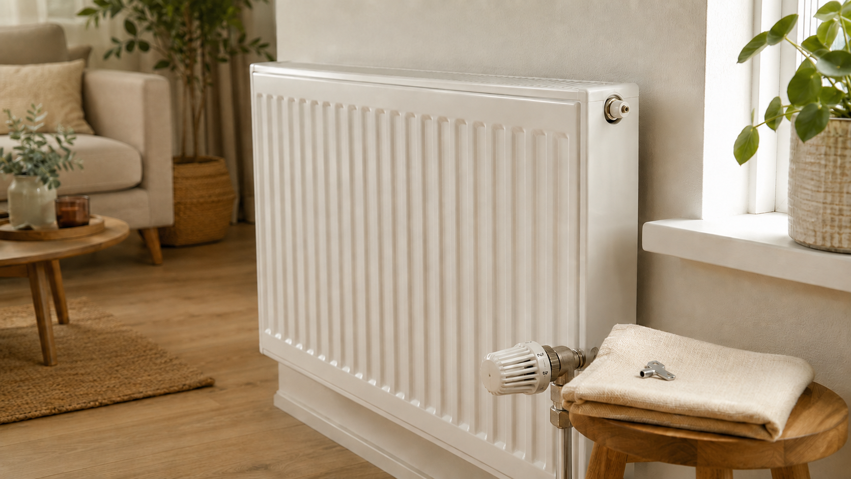 Radiator ontluchten: zo doe je dat stap voor stap Witte radiator met ontluchtingsventiel en ontluchtingssleutel