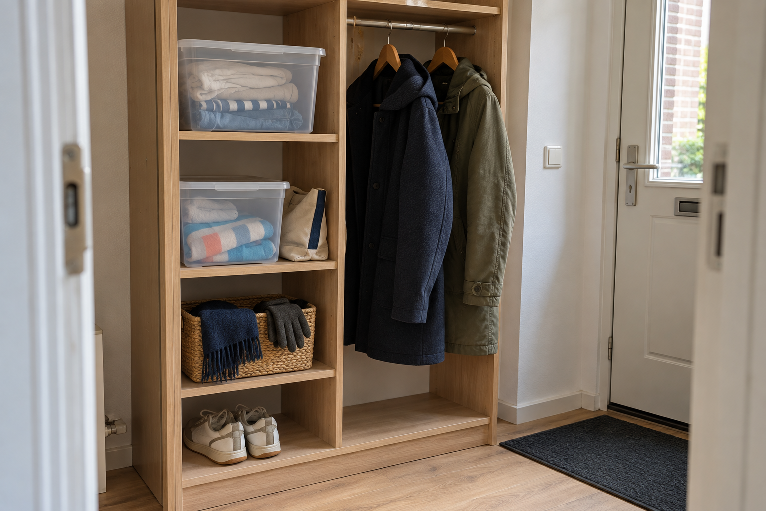 Seizoensspullen opbergen: van zomer naar winter Kleine hal met zomerspullen in opbergboxen en winterjassen, sjaal en handschoenen binnen handbereik.