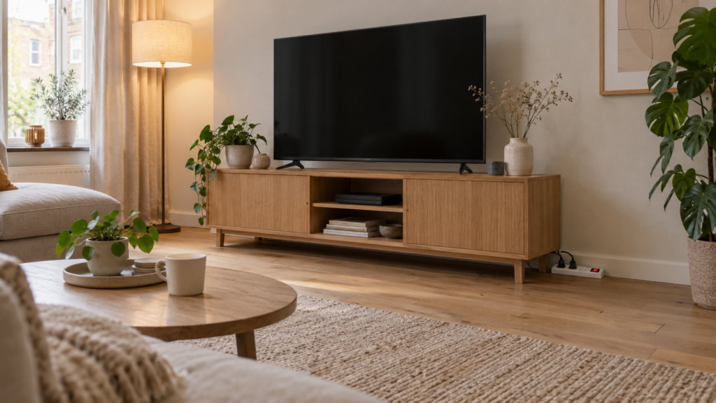 Sluipverbruik verminderen: 8 slimme tips om stroom te besparen Stekkerdoos naast een tv-meubel om sluipverbruik te verminderen
