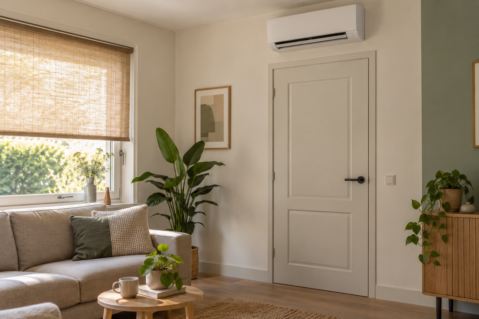 Stroomverbruik airco: wat kost koelen en hoe bespaar je? Witte split-airco boven een gesloten deur in een woonkamer met een bank en zonwering voor het raam