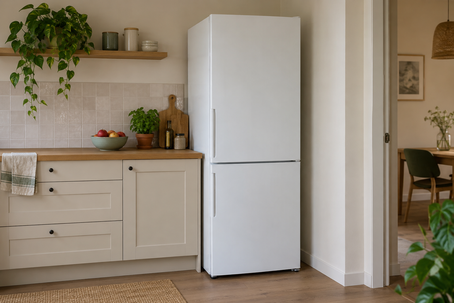 Stroomverbruik koelkast: meten, berekenen en besparen Witte koel-vriescombinatie naast een houten aanrecht in een lichte keuken