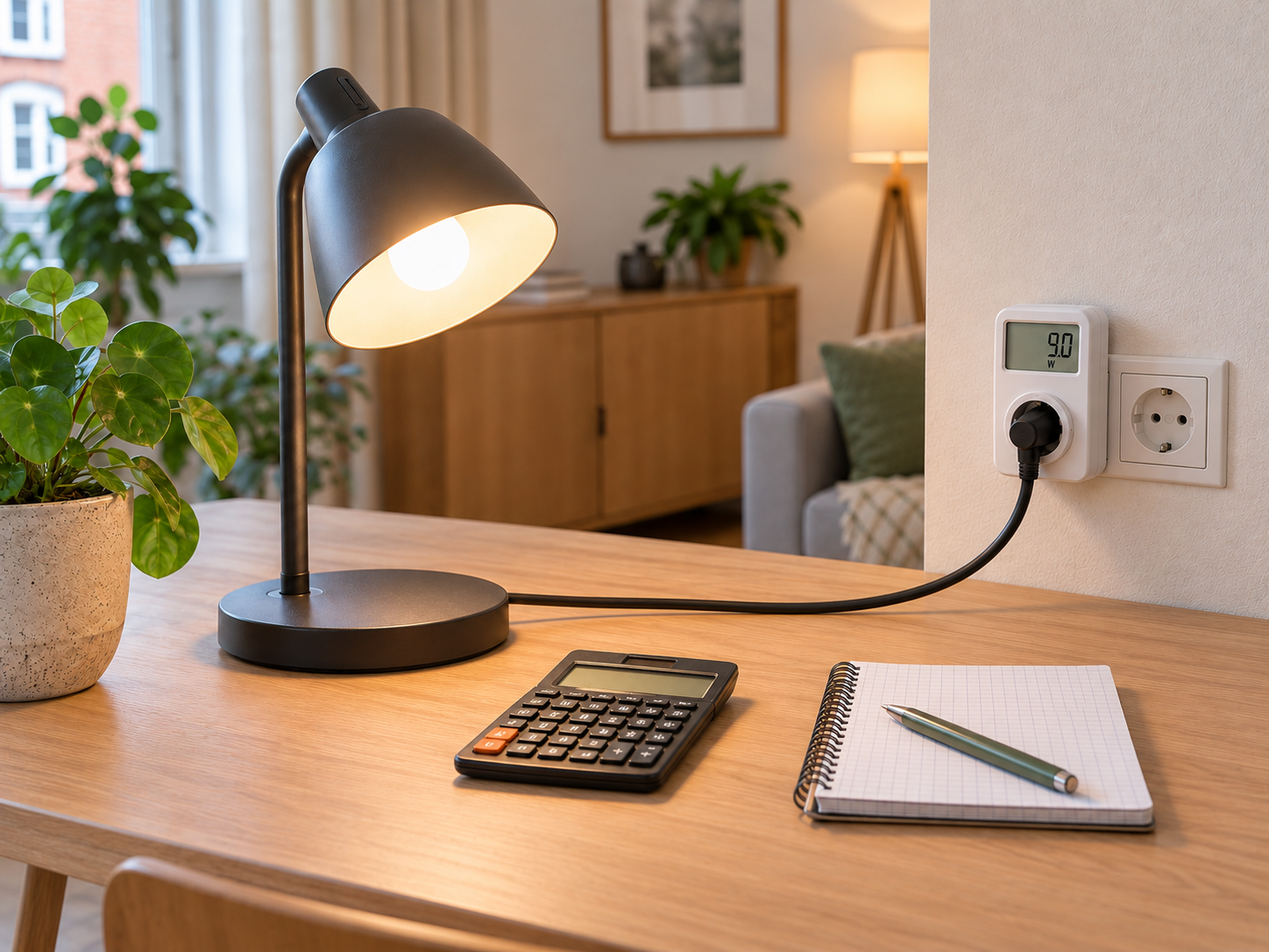 Hoeveel stroom verbruikt verlichting? Zo bereken je het LED-lamp aangesloten op energiemeter naast calculator