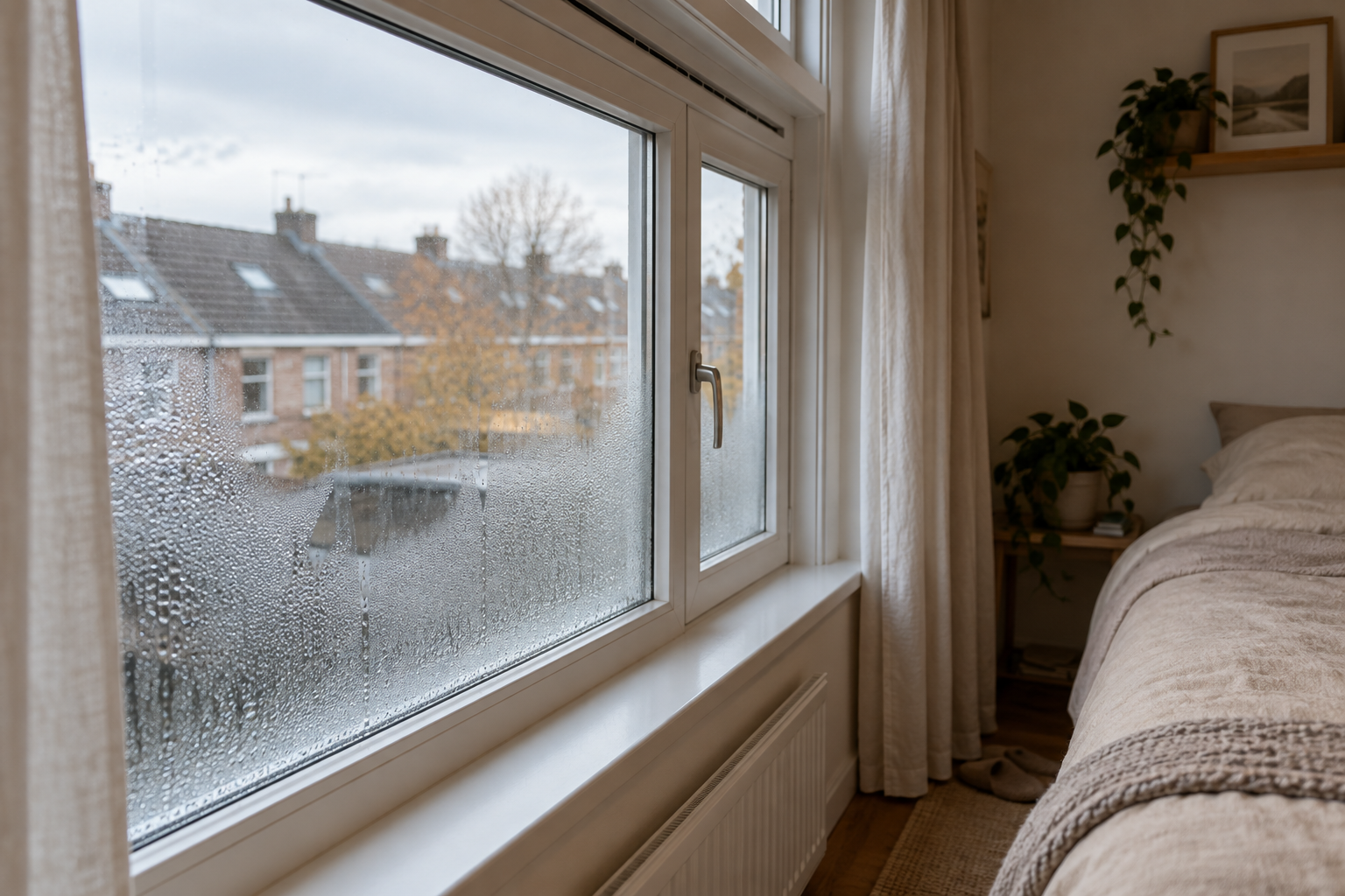 Ventileren in huis: wat doe je bij condens op de ramen? Condens op het raam van een kleine slaapkamer, met een ventilatierooster boven het glas.
