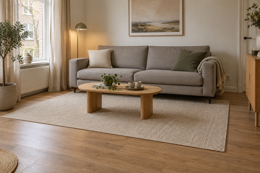Vloerkleed kiezen: welk formaat past bij je zithoek? Beige rechthoekig vloerkleed onder de voorpoten van een grijze bank en een houten salontafel