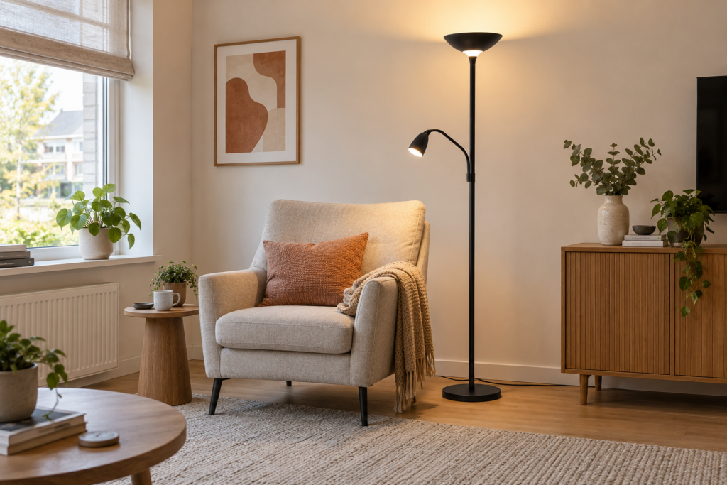 Moderne woonkamer met een zwarte vloerlamp en verstelbare leesarm naast een lichte fauteuil