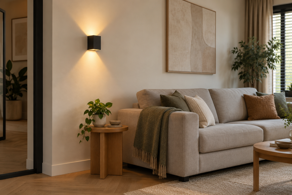 Moderne woonkamer met zwarte wandlamp op ooghoogte naast de bank