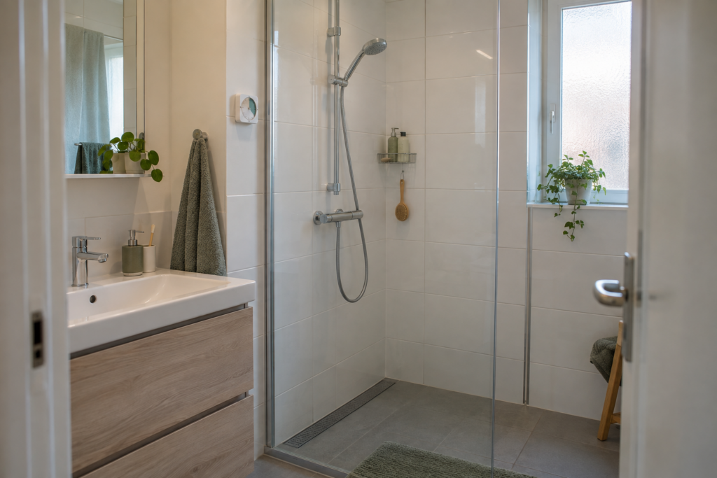Warm water besparen in de badkamer: 10 praktische tips Moderne douche met waterbesparende douchekop om warm water te besparen in de badkamer
