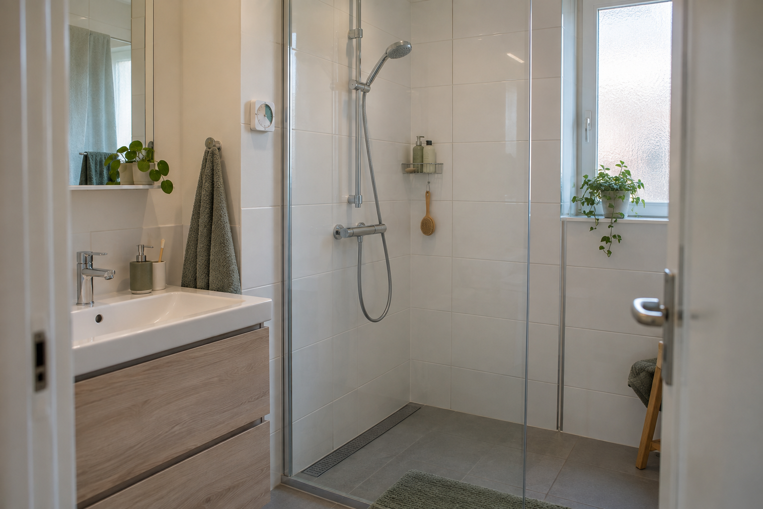 Warm water besparen in de badkamer: 10 praktische tips Moderne douche met waterbesparende douchekop om warm water te besparen in de badkamer