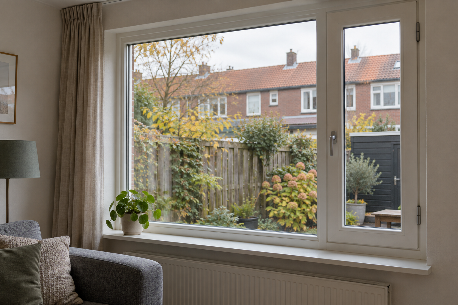 Welk glas heb ik? Zo herken je het en kies je wat past Wit raamkozijn met uitzicht op een tuin in een compacte woonkamer