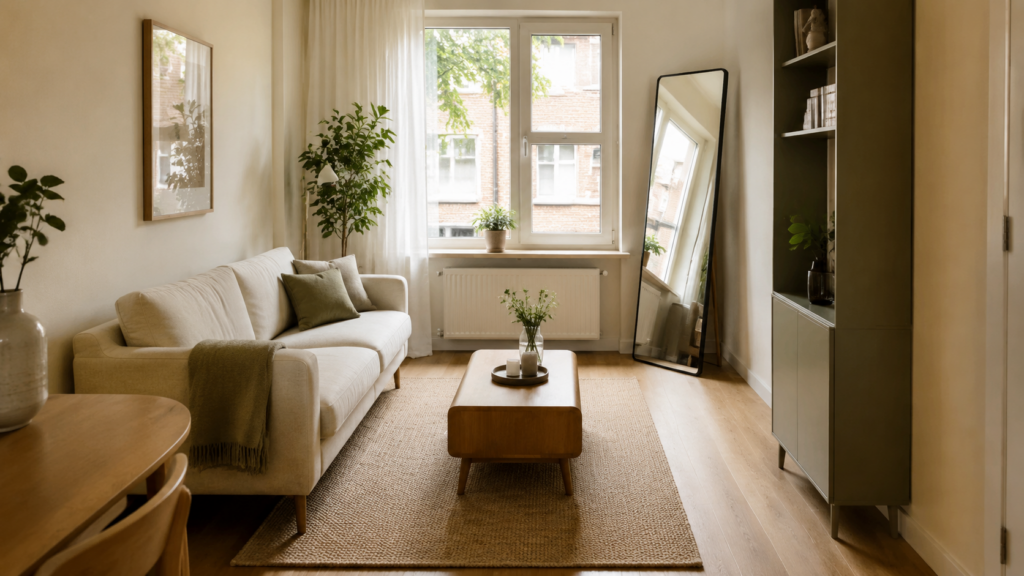 Kleine woonkamer groter laten lijken: 10 slimme tips Licht ingerichte kleine woonkamer met spiegel en slimme meubels
