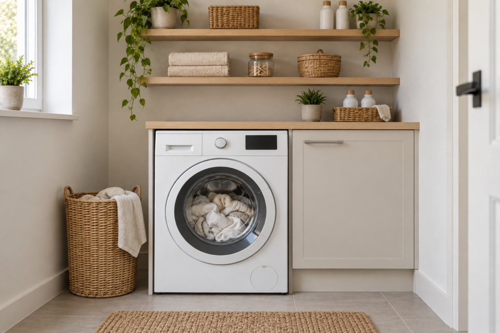 Hoeveel stroom verbruikt een wasmachine? Bereken je kosten Wasmachine onder een werkblad in een lichte, praktisch ingerichte wasruimte