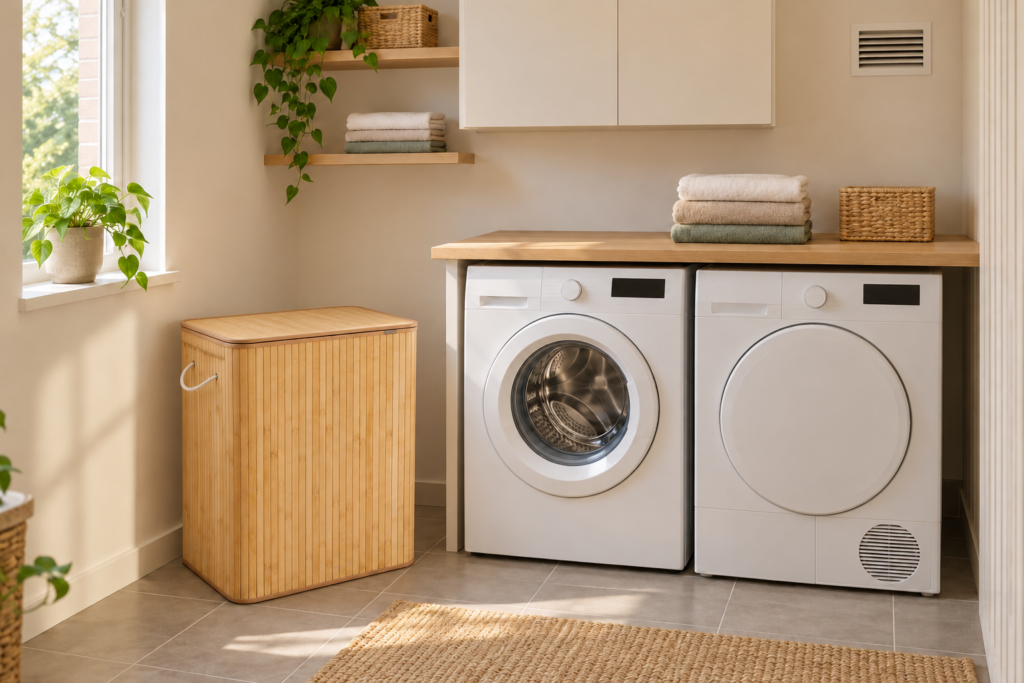 Washok inrichten: slim wassen en opbergen Licht washok met wasmachine en droger naast elkaar, een houten werkblad en een bamboe wasmand met twee vakken.