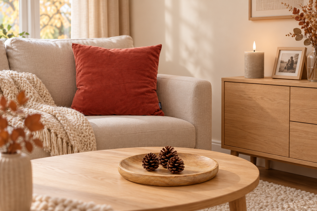 Herfstdecoratie in de woonkamer: 3 sfeervolle combinaties Lichte woonkamer met een roestbruin kussen, een crèmekleurige plaid, een houten schaal met dennenappels en een zandkleurige ledkaars.