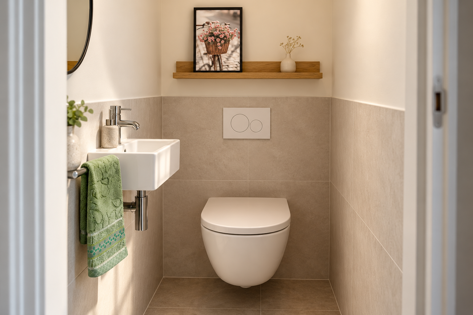 Kleine toiletruimte gezellig maken: 7 decoratie-ideeën Kleine aparte wc met een poster van een fiets met bloemenmand op een ondiepe fotoplank en een groen gastendoekje naast het fonteintje.