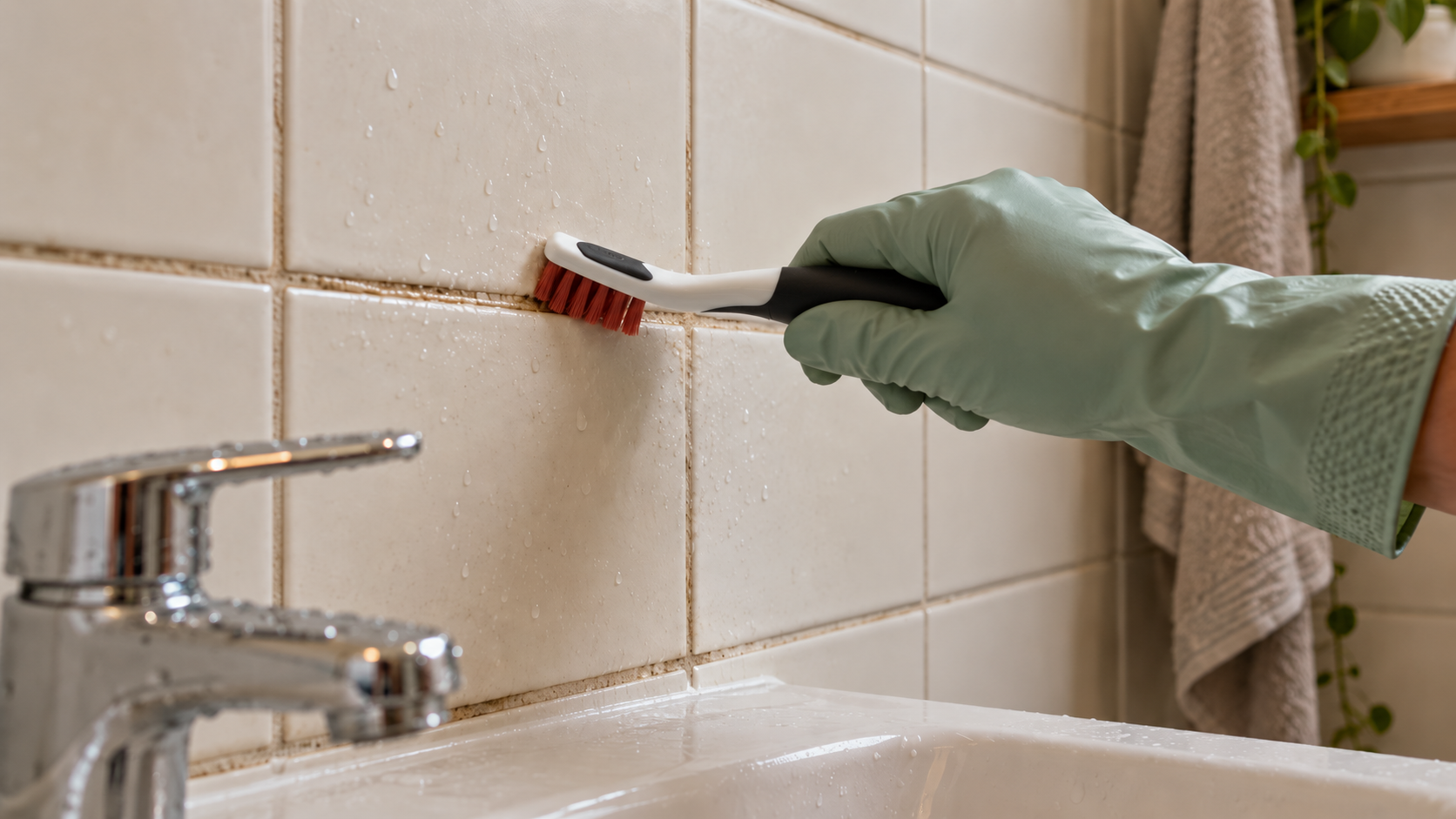 Voegen schoonmaken: 7 praktische tips tegen vuil en aanslag oxo voegborstel in groene handschoen