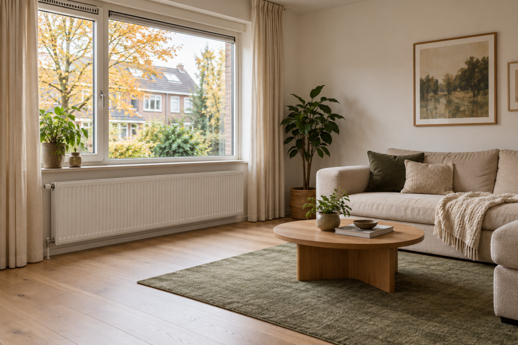 Koud in de woonkamer? Zo ontdek je waar het aan ligt Lichte woonkamer met een beige bank, groen vloerkleed en een vrijgehouden radiator onder het raam.