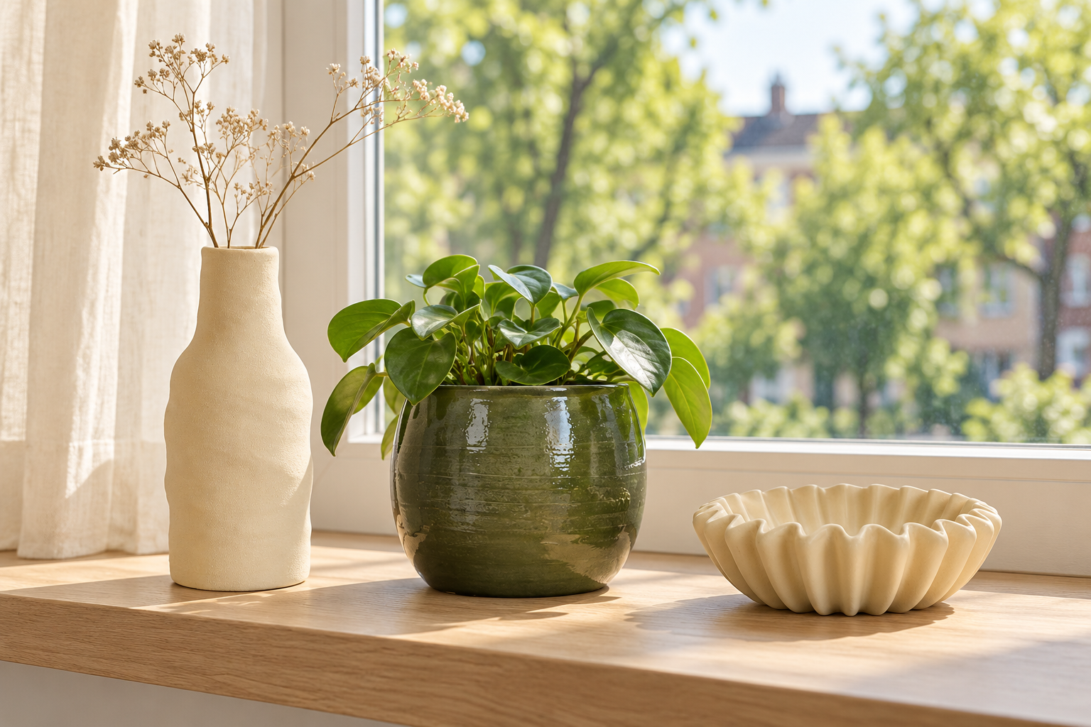 Vensterbank decoreren: 3 sfeervolle ideeën Houten vensterbank met een crèmekleurige vaas met droogtakken, een groene plantenpot en een zandkleurig schaaltje.
