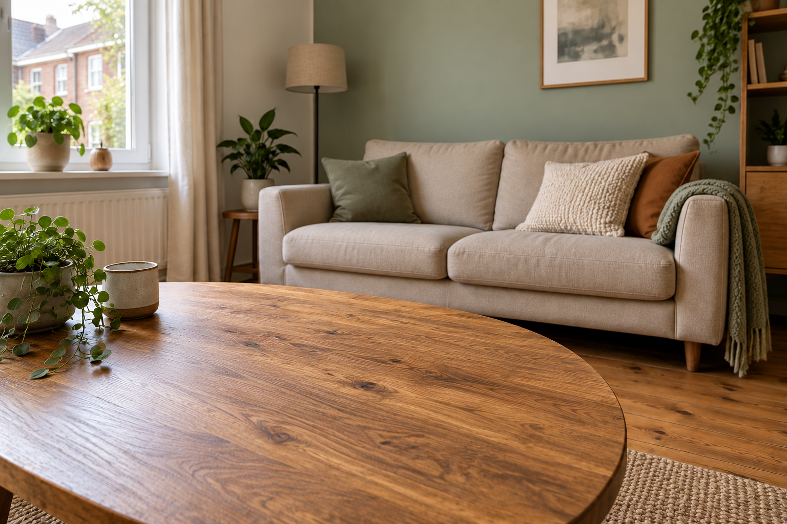Trendkleuren in huis: wat past bij jouw meubels en vloer? Woonkamer met een zachtgroene muur, beige bank, groene en roestbruine kussens en een houten salontafel.