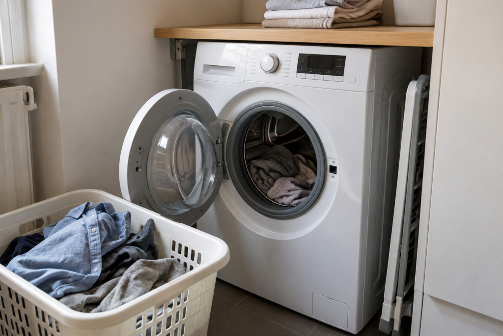 Wassen op 30 of 40 graden: welke temperatuur kies je? Wasmachine met open deur en een wasmand met kleding in een compacte bijkeuken