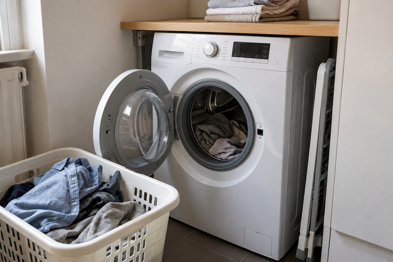 Wassen op 30 of 40 graden: welke temperatuur kies je? Wasmachine met open deur en een wasmand met kleding in een compacte bijkeuken