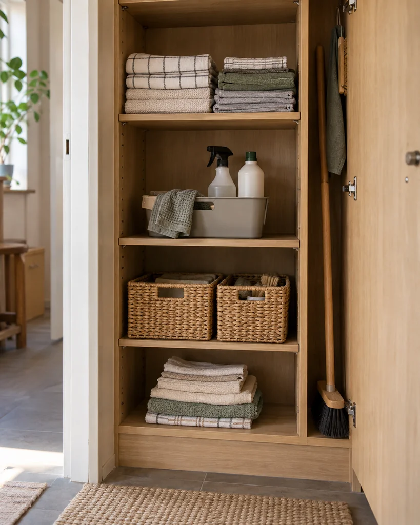Home Houten huishoudkast met opgevouwen doeken, schoonmaakspullen en opbergmanden