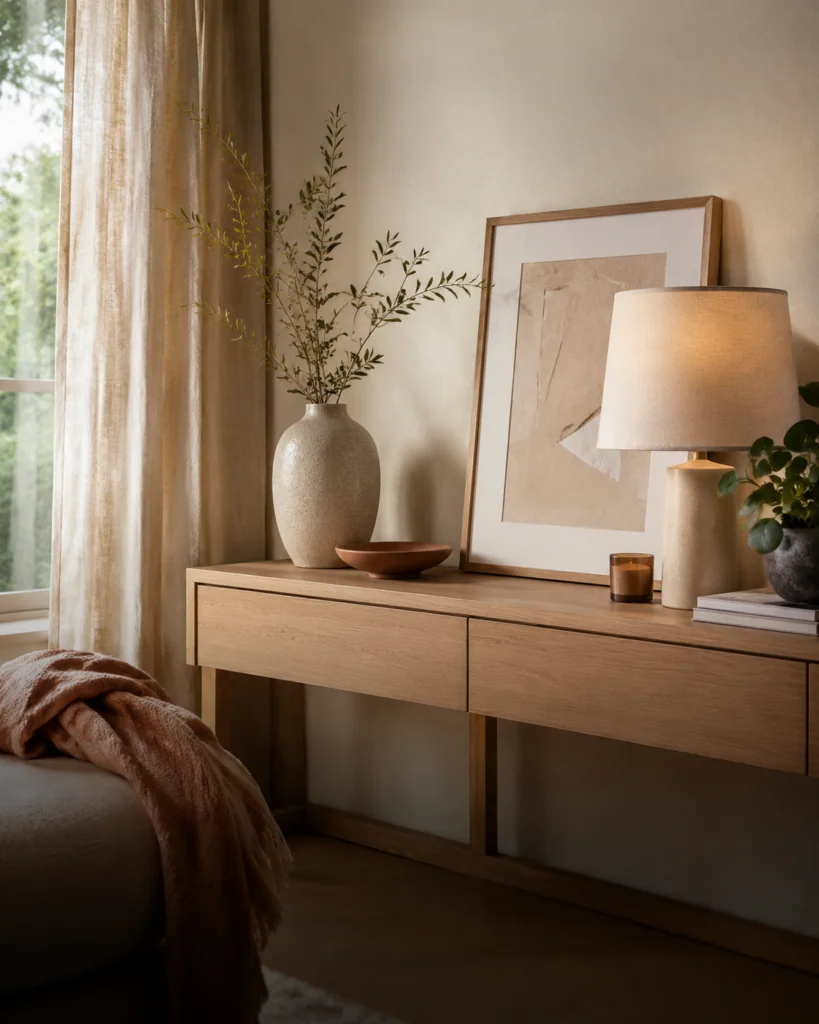 Home Warm interieur met houten kast, vaas en sfeervolle verlichting