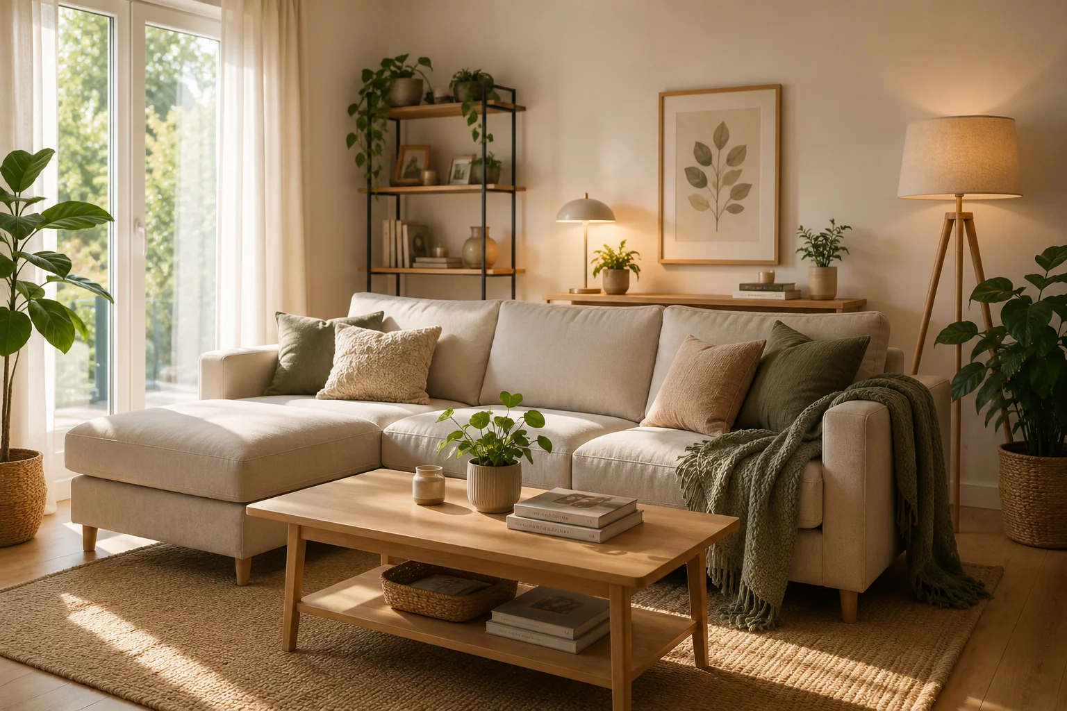Home Lichte woonkamer met beige hoekbank, planten en warme verlichting.